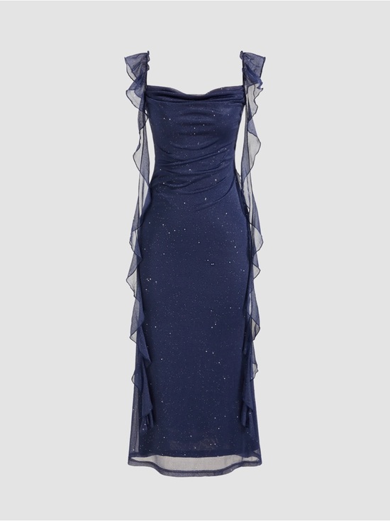 Cider Dresses & Skirts - Navy Sparkle Mesh Ruffle Sheath Dress